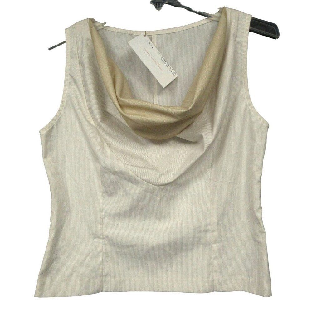 Kendra Cowl Neck Semi Fitted Tan Pinstripe Sleeveless Blouse Cotton Sz M NEW